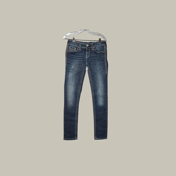 Rock Revival Denim - Rock Revival Sharon Skinny Jeans Dark Wash Distressed Fleur-De-Lis Blue Size 27
